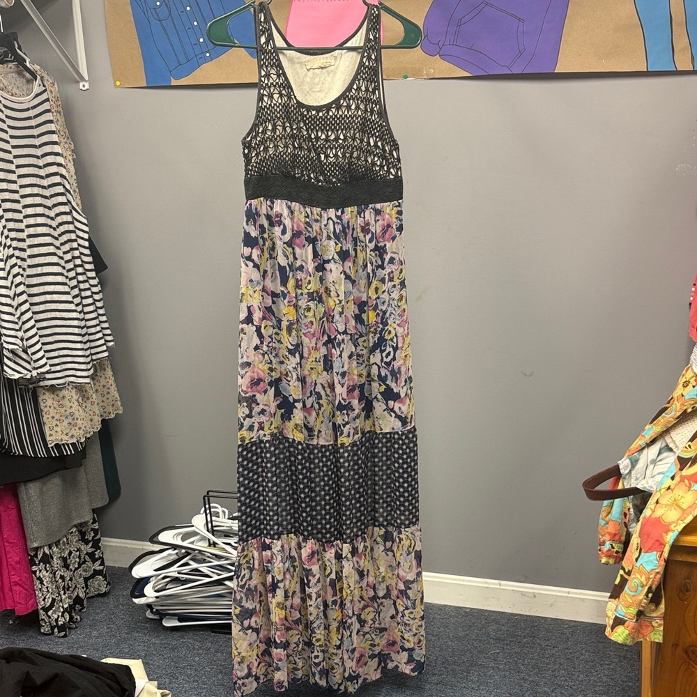 A'Reve Black Crochet Bodice Floral Patchwork Maxi Dress